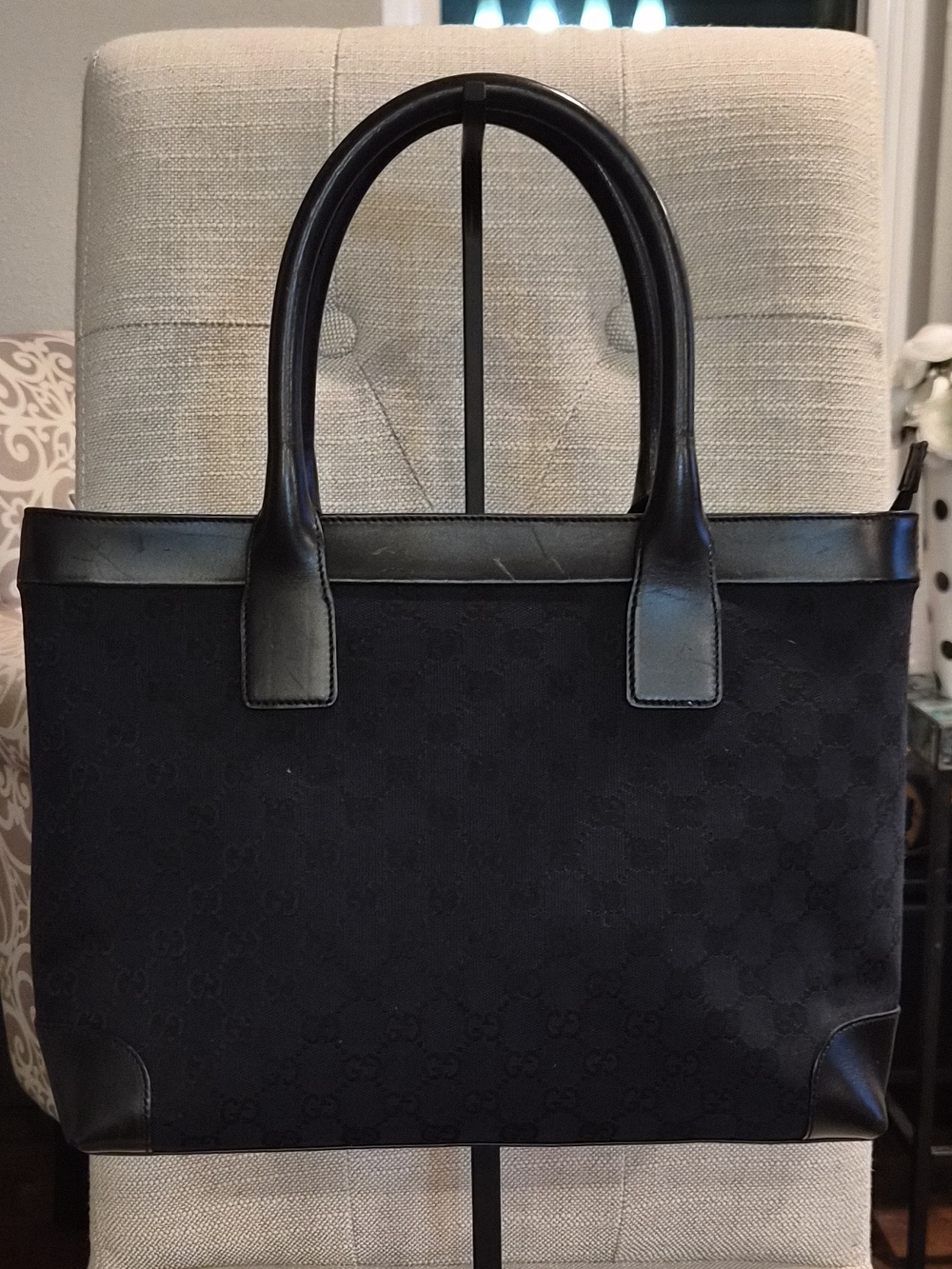 Gucci GG Monogram Canvas Eclipse Tote Bag Black Leather Shoulder Bag